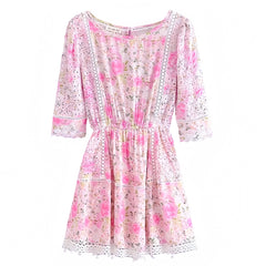 Light Pink Floral Print Eyelet Embroidered Lace Trim Short Sleeve Mini Dress