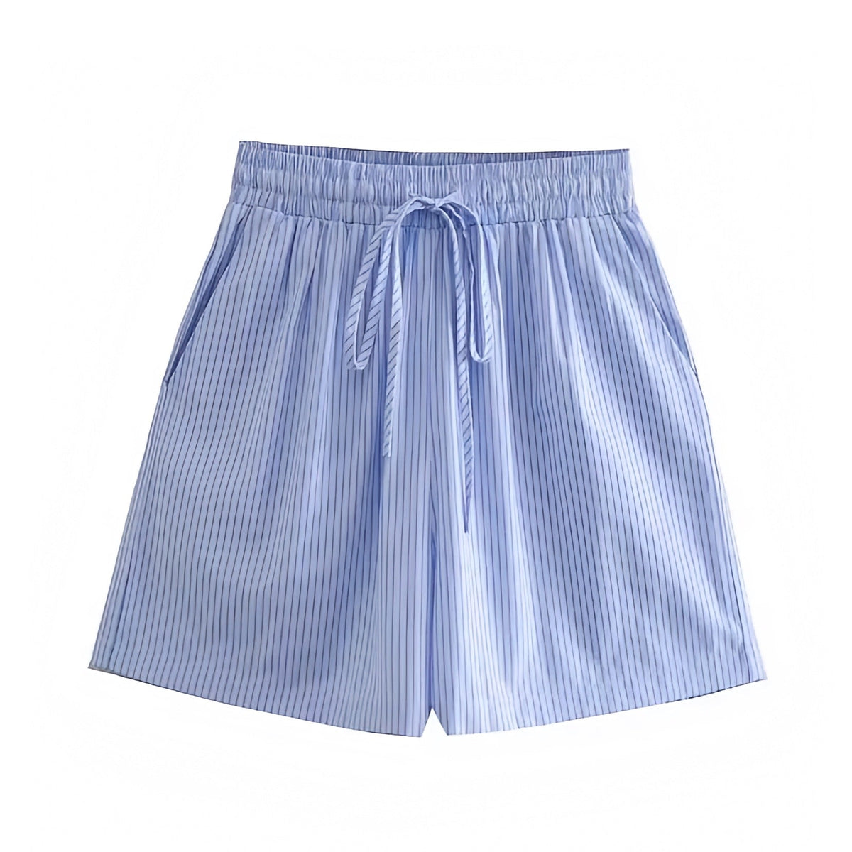 Seaside Light Blue Striped Seersucker Mid-Rise Linen Shorts