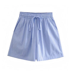 Seaside Light Blue Striped Seersucker Mid-Rise Linen Shorts