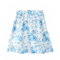 Light Blue & White Floral Print Layered Ruffle Trim Mid-Rise Tiered Mini Skirt