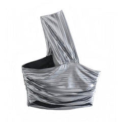 Silver Metallic Draped Cut-Out Asymmetric Sleeveless Crop Tank Top