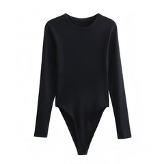 Black Cotton Bodycon Long Sleeve Slim Fit Round Neck Bodysuit