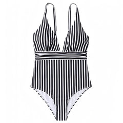 Sag Harbor Black & White Striped V-Neck Spaghetti Strap One Piece Swimsuit