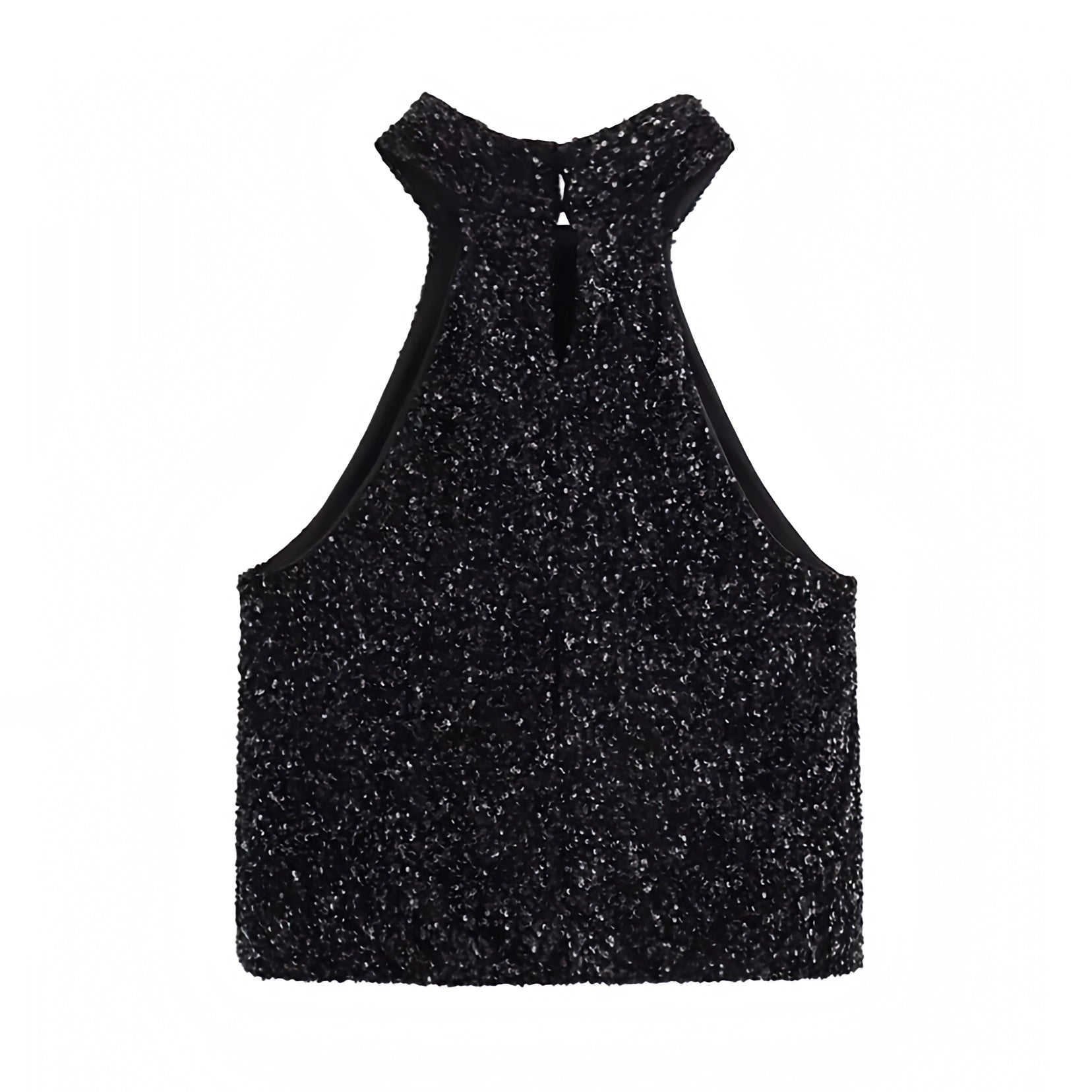 Black Sequined Glitter Slim Fit Sleeveless Halter Crop Tank Top