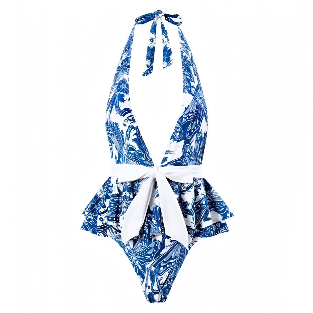 Montauk Dark Blue Floral Patterned Ruffle Trim Bow Halter One Piece Swimsuit
