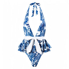 Montauk Dark Blue Floral Patterned Ruffle Trim Bow Halter One Piece Swimsuit