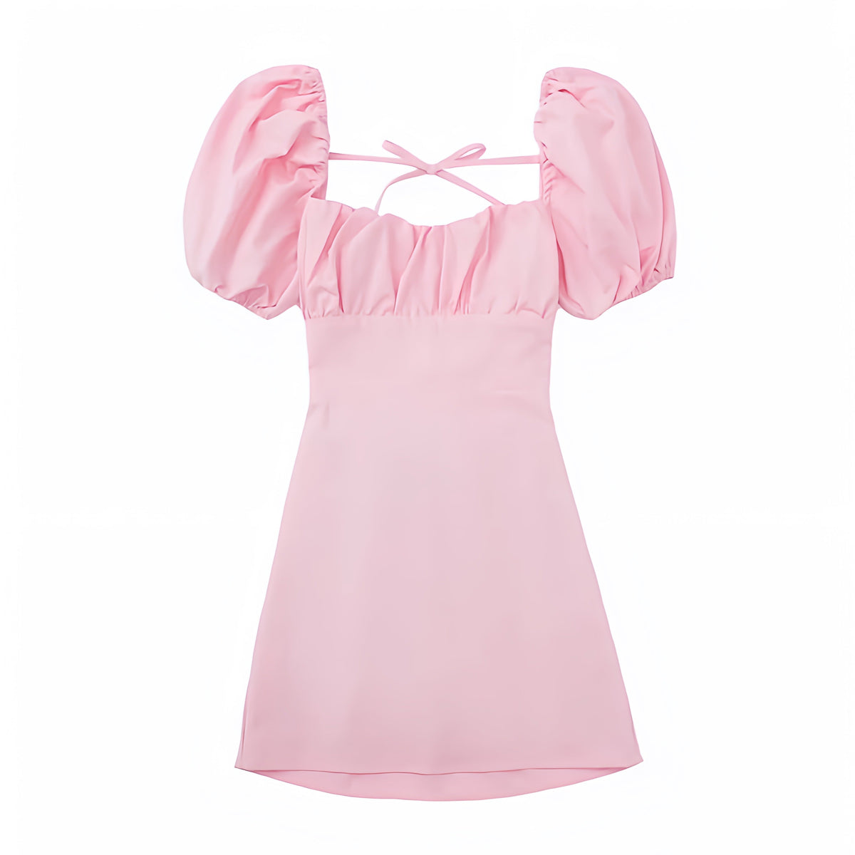 Light Pink Bodycon Lace Up Ruched Puff Sleeve Backless Mini Dress