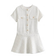 Ivory Plaid Tweed Gold Button-Down Short Sleeve Mini Dress