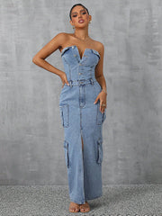 Effortlessly Chic: Women's Solid Tube Top Denim Dress