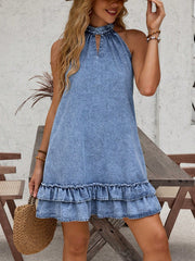 Elevate Your Denim Collection with Keyhole Neckline Ruffle Hem Dress
