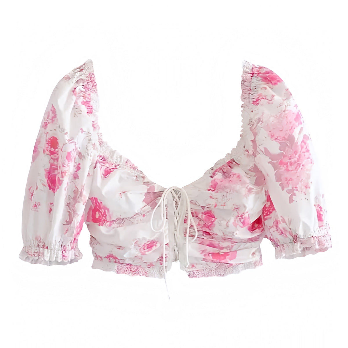 Kenzie Hot Pink Floral Print Ruffle Trim Lace Up Puff Sleeve Corset Top
