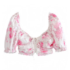 Kenzie Hot Pink Floral Print Ruffle Trim Lace Up Puff Sleeve Corset Top