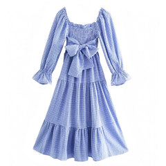 Dark Blue & White Gingham Ruffle Trim Smocked Long Sleeve Tiered Linen Maxi Dress
