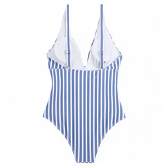 Sag Harbor Light Blue Striped Seersucker V-Neck One Piece Swimsuit