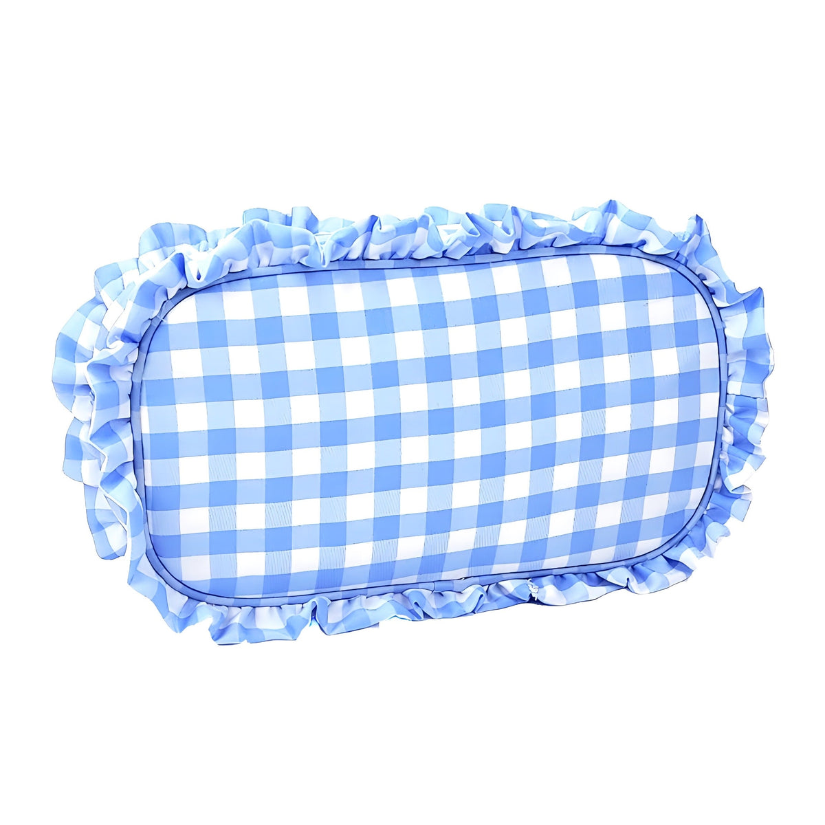 Light Blue Gingham Print Ruffle Makeup Bag