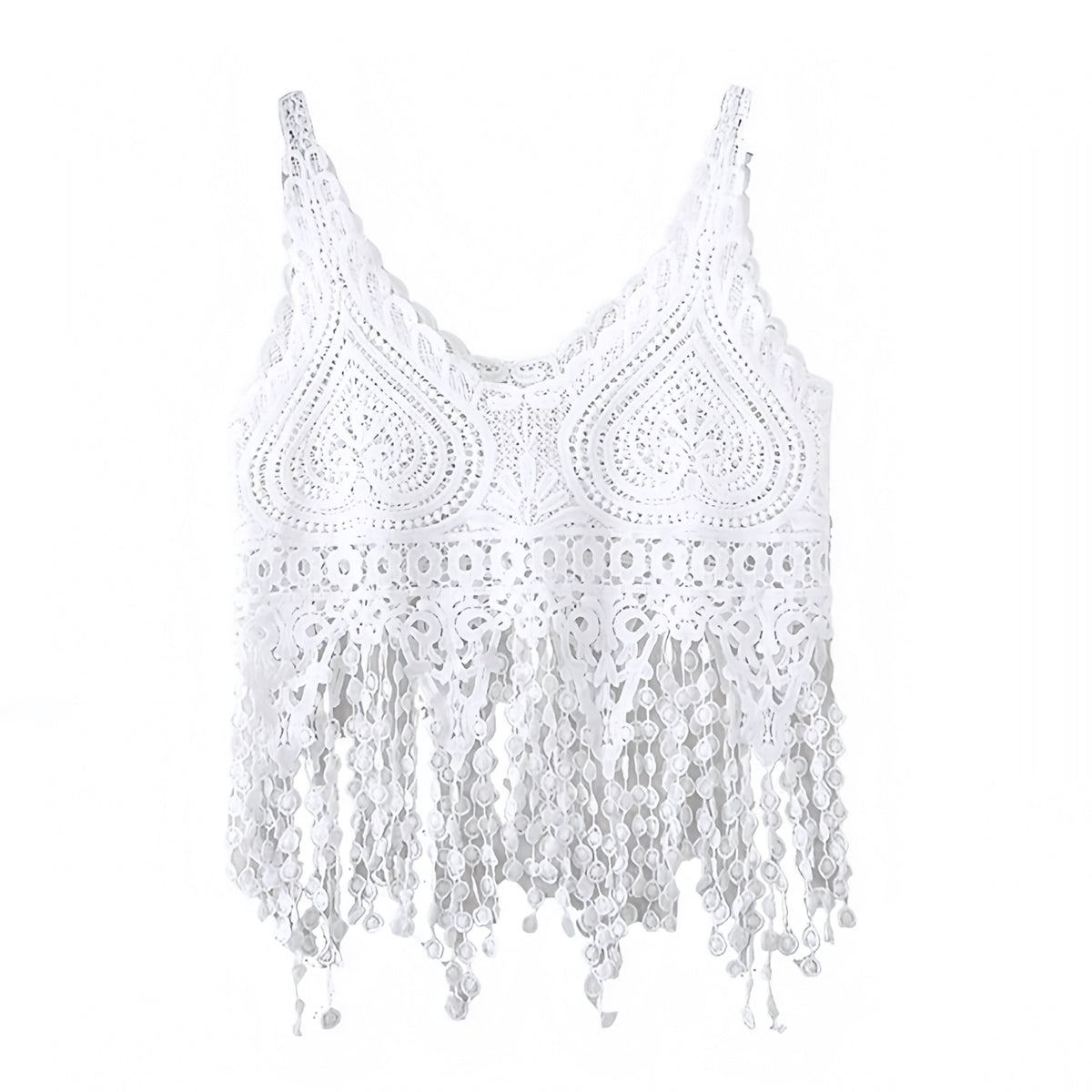 White Eyelet Crochet Long Tassel V-Neck Spaghetti Strap Tank Top