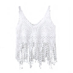White Eyelet Crochet Long Tassel V-Neck Spaghetti Strap Tank Top