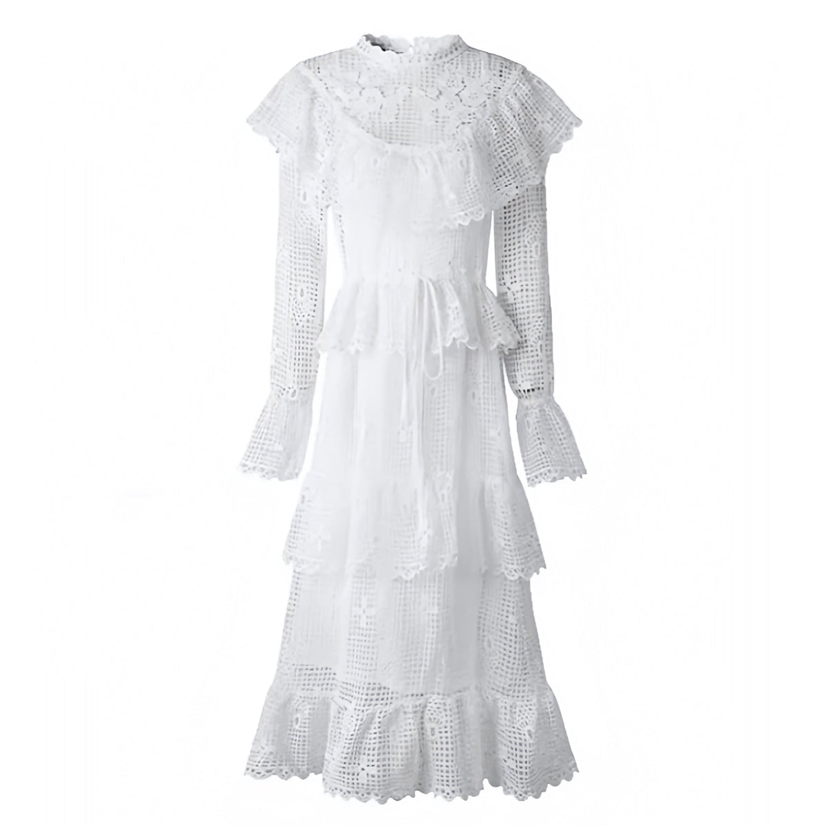 White Eyelet Lace Embroidered Layered Ruffle Tiered Long Sleeve Maxi Dress