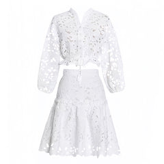 White Eyelet Embroidered Long Sleeve Button Down Top & Midi Skirt 2 Piece Set