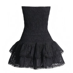 Black Eyelet Embroidered Layered Ruffle Strapless Smocked Mini Dress