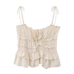 Light Beige Slim Fit Layered Ruffle Trim Tiered Spaghetti Strap Tank Top