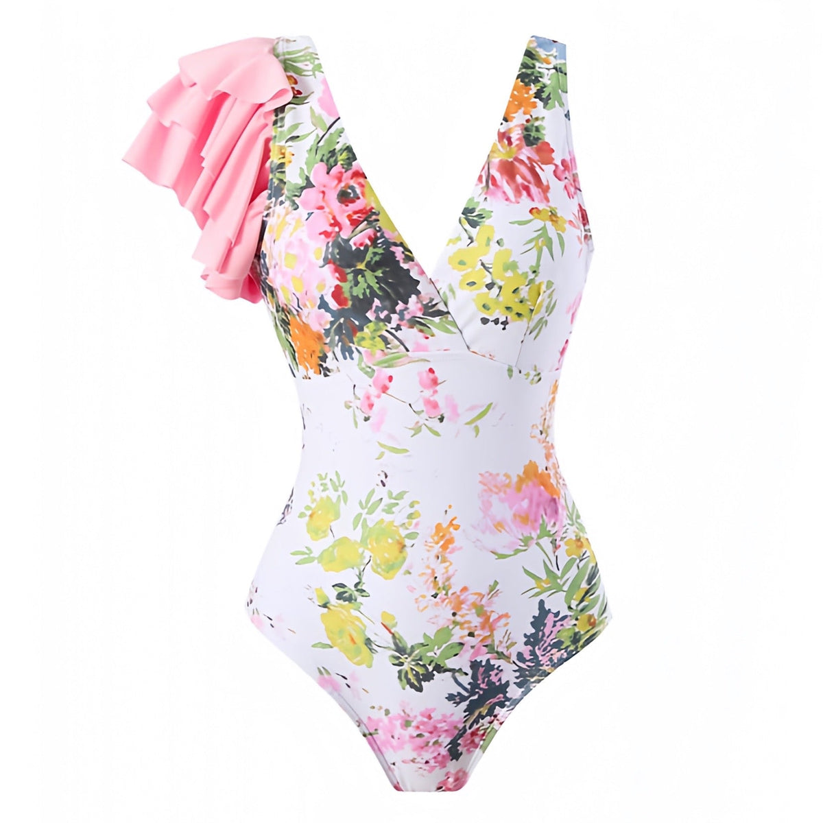 Light Pink Floral Print Ruffle Trim V-Neck Puff Sleeve One Piece Swimsuit