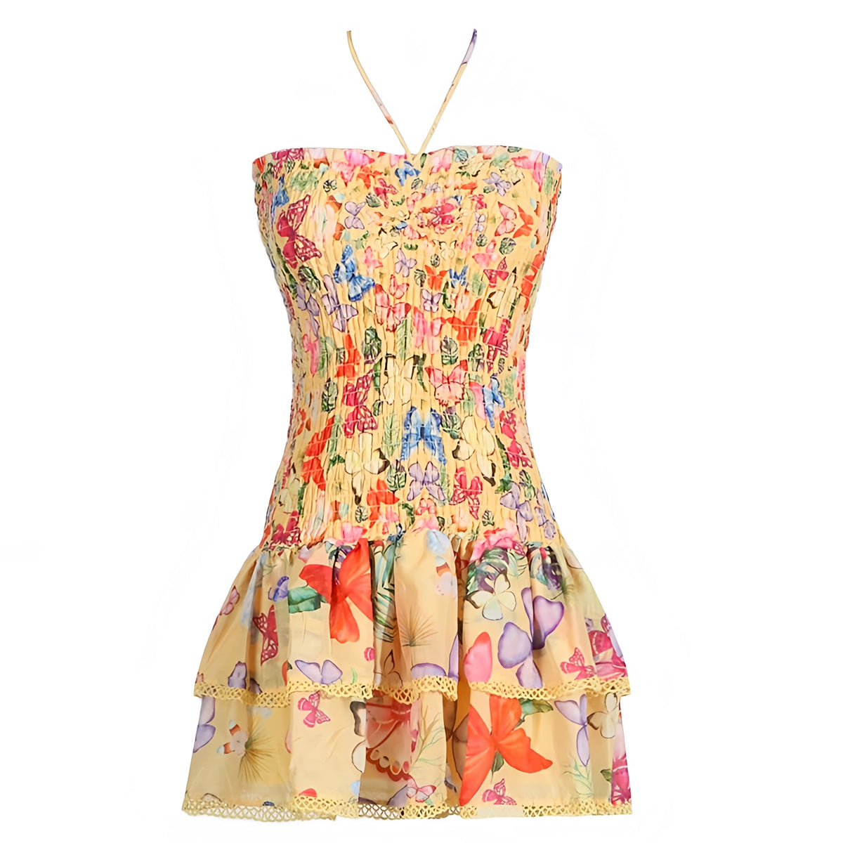 Yellow Multi-Color Butterfly Floral Layered Ruffle Smocked Halter Mini Dress