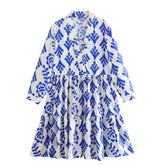 Naxos Blue & White Patterned V-Neck Long Puff Sleeve Linen Mini Dress