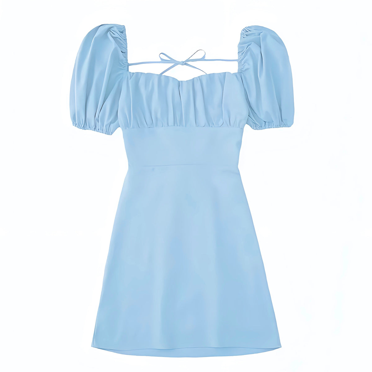 Light Blue Bodycon Ruched Lace Up Puff Sleeve Backless Mini Dress