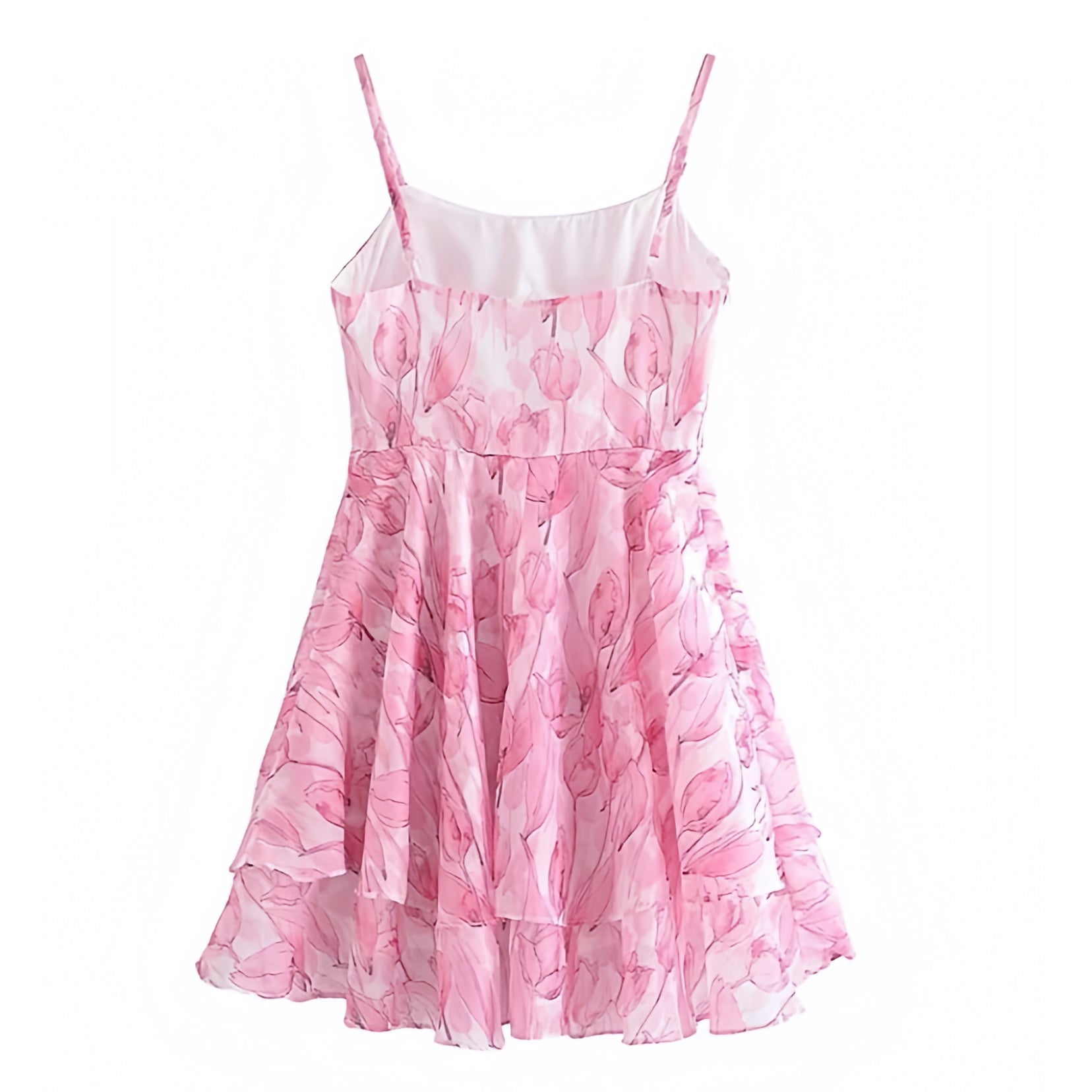 Light Pink Tulip Floral Print Layered Ruffle Spaghetti Strap Mini Dress