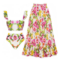 Islamorada Light Pink Multi-Color Floral Print Ruffle Trim 2 Piece Bikini Set & Cover Skirt
