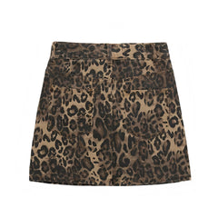 Leopard Print Denim Mid-High Rise Mini Skirt