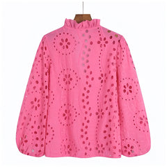Hot Pink Floral Eyelet Embroidered V-Neck Button Down Long Sleeve Blouse