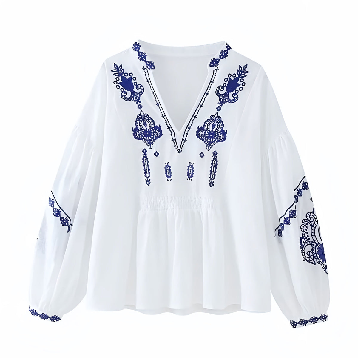 Mykonos Blue Floral Embroidered V-Neck Long Sleeve Blouse Top