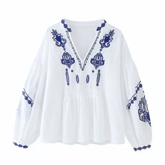 Mykonos Blue Floral Embroidered V-Neck Long Sleeve Blouse Top