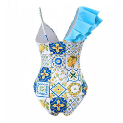Nice Lemon Patterned Layered Ruffle Trim V-Neck One Piece Swimsuit