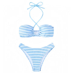 Light Blue & White Striped Bandeau Halter Ribbed 2 Piece Bikini Set