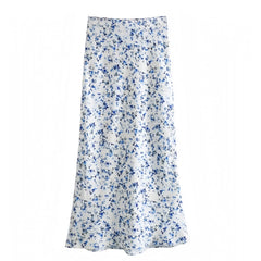 Dark Blue Floral Print Satin Low Rise Maxi Skirt