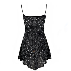 Black Crystal Embellished Spaghetti Strap Mini Dress