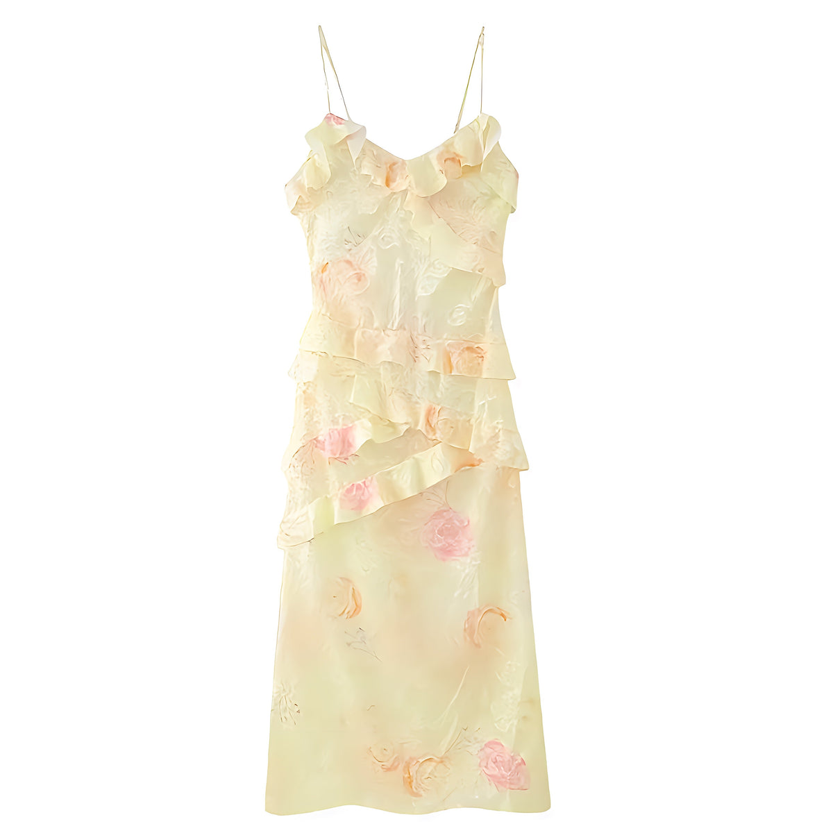 Multi Coloured Ruffles Yellow Multi-Color Zinnia Layered Ruffle Floral Bodycon Spaghetti Stra ...