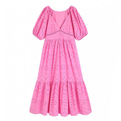 Hot Pink Eyelet Embroidered V-Neck Puff Sleeve Maxi Dress