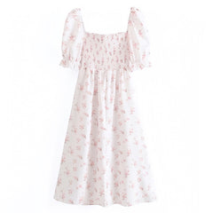 Emily Light Pink Floral Print Smocked Ruffle Trim Puff Sleeve Linen Maxi Dress