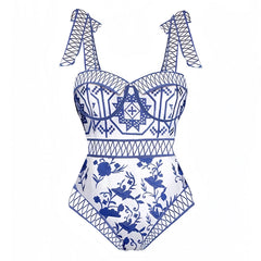 Lindos Dark Blue & White Floral Patterned Underwire One Piece Swimsuit