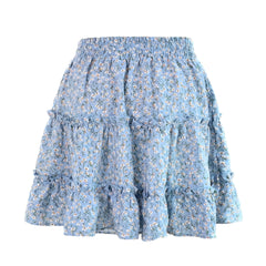 Light Blue Daisy Floral Print Ruffle Trim Mid-High Rise Tiered Mini Skirt