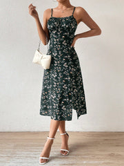 Floral Essence: Spaghetti Strap Dress with Slit Hem