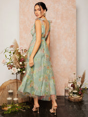 Garden Party Perfection: Tie Shoulder Floral Print Mesh Dress