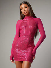 Glamorous Holiday Sparkle: Christmas Mock Neck Sequin Bodycon Dress