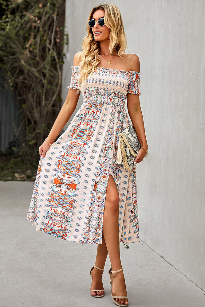 Green Print Boho Off Shoulder Midi Dress