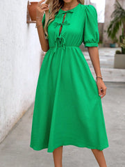 Green Bow-Tied Puff Sleeve Dress: Sweet & Stylish Casual Elegance for Women