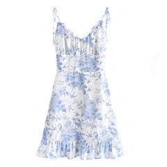 Light Blue Floral Print Ruffle Trim Spaghetti Strap Mini Dress